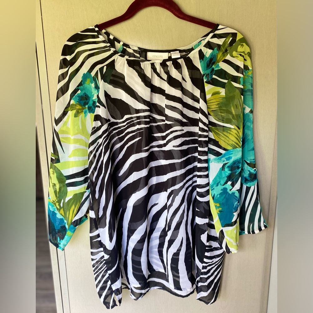 Chico's Zebra Print Tunic with Blue and Green Accents 3/4 Sleeve
